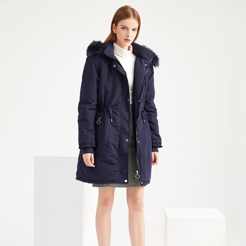 Зимнее пальто женская длинная Съемная шапка с меховым воротником