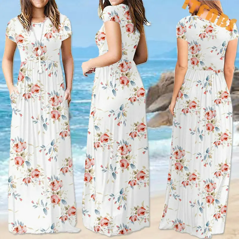 US женское Праздничное Платье макси с коротким рукавом и цветочным принтом в
