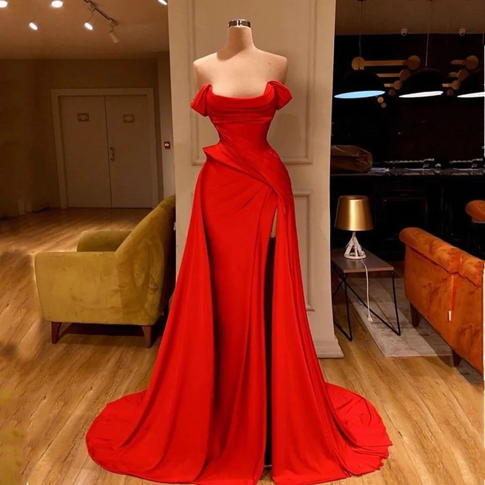 

Sexy High Splite Long Prom Dresses Red With Train Mermaid Prom GownsStrapless Custom Make Party Dresses Vestidos De Gala