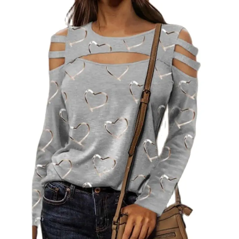 

Spring Summer Casual Heart Print Shirts Women Elegant V Neck Loose Pullover Tops Fashion Hollow Out Long Sleeves Blouses