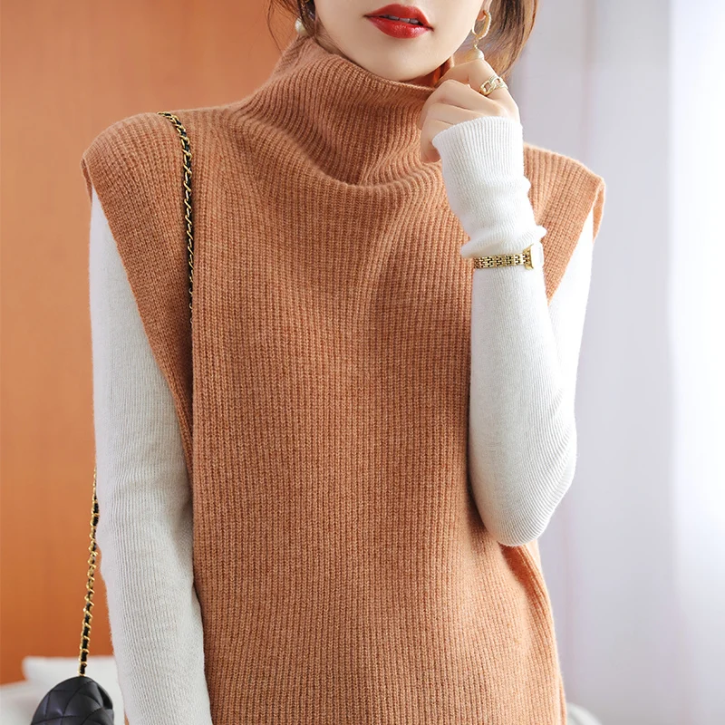 

Новый вязаный женский свитер-жилет из 100% шерсти с высоким воротником, доступны удобные женские повседневные осенние и зимние четыре цвета