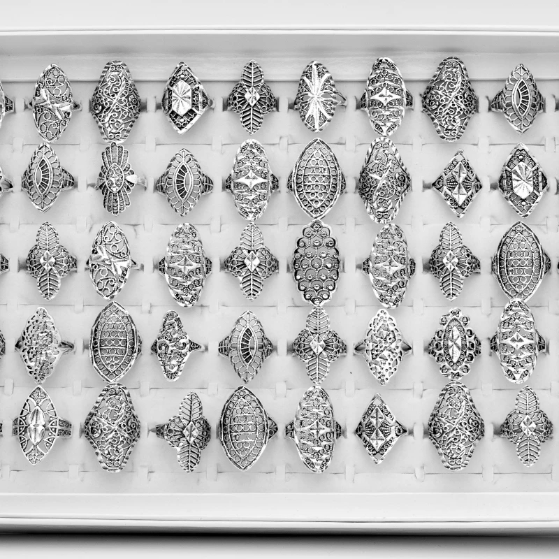 

50 Pcs/Lot Vintage Flower Rings for Women Antique Hollow Finger Ring Party Gifts Wholesale Dropshipping