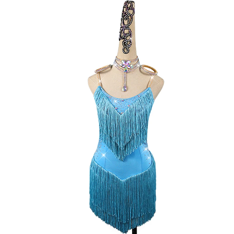 

2022 Latin Dance Dress Ballroom Fringe Dress Dance Performance Costume Kids Dresses For Girls Rhinestones Salsa Dress Women