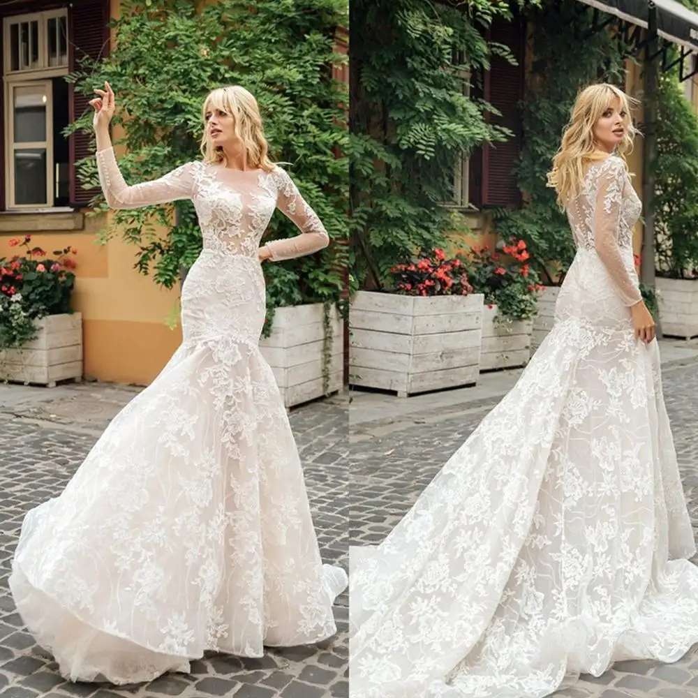 

New Arrival Mermaid Wedding Dresses Long Sleeves Appliqued Lace Country Bridal Gowns Bohemian Sweep Train Vestidos De Novia
