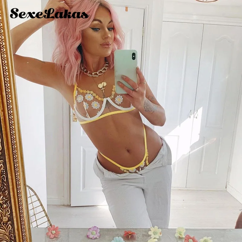

Women Underwear Floral Lingerie Transparent Bra and Panty Set Sexy See Through Lenceria Lace Embroidered Nightwear 2pcs Langerie