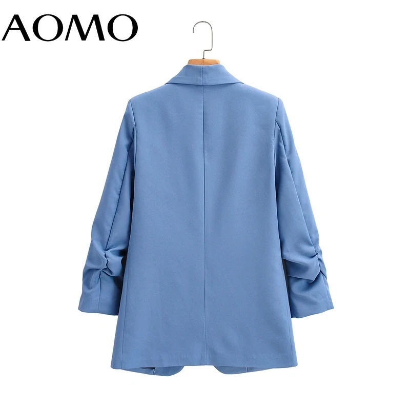 

AOMO Women Solid Blue Blazer Coat Vintage Notched Collar Pocket 2021 Fashion Female Chic Tops 8Y61A
