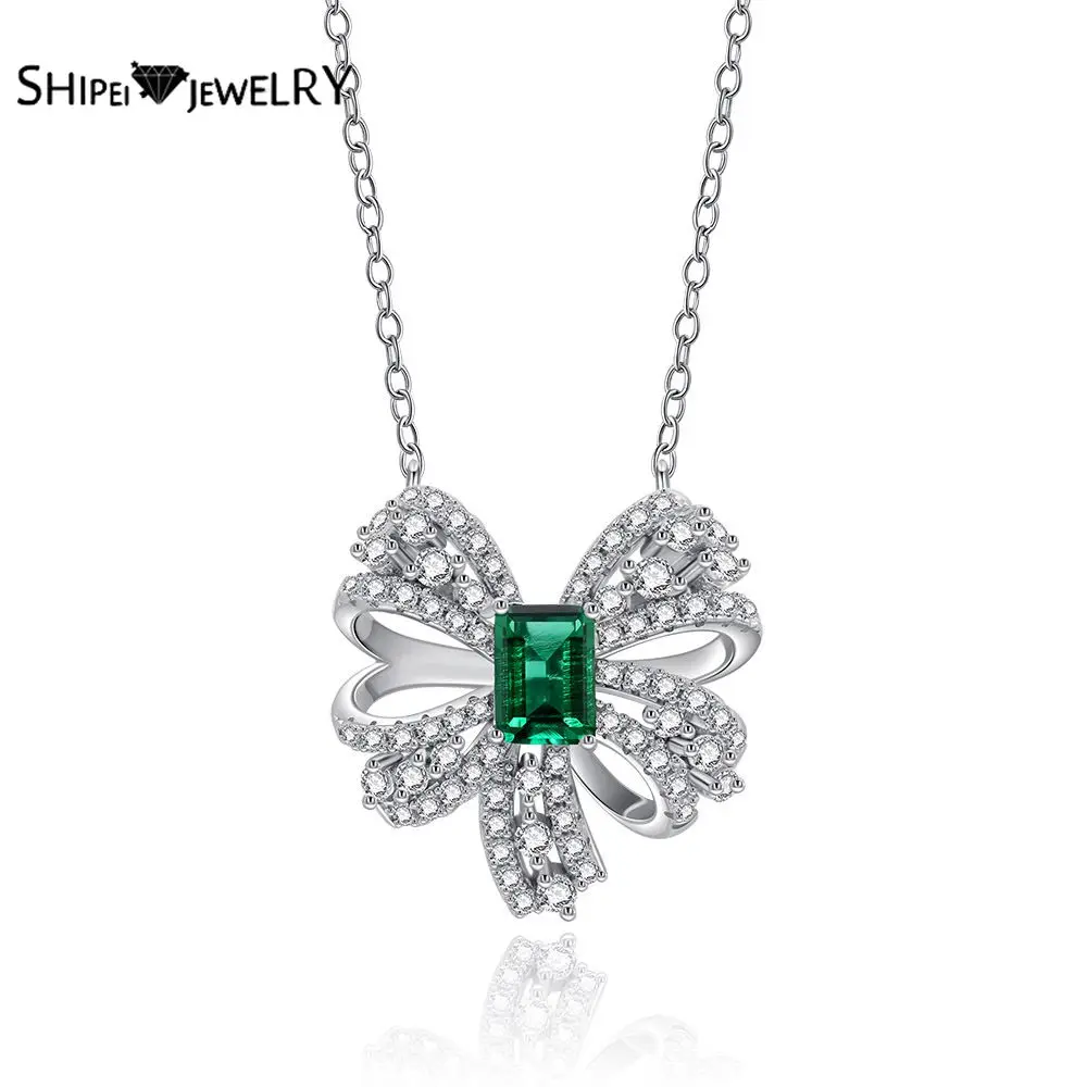 Шипай 925 стерлингового серебра Изумрудный бантом бриллиантами создан Муассанит