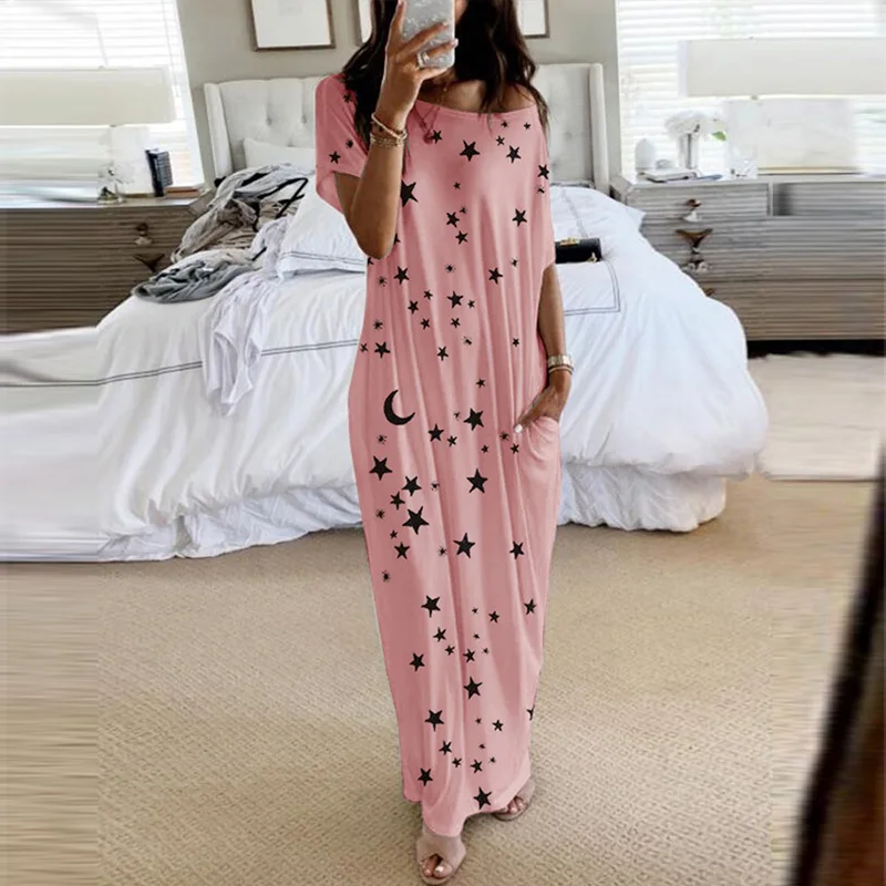 

Women Night Dress Star Printed Off Shoulder Female Long Nightgown O-Neck Short Sleeve Loose Pockets 2021 Summer Ladies Homewear