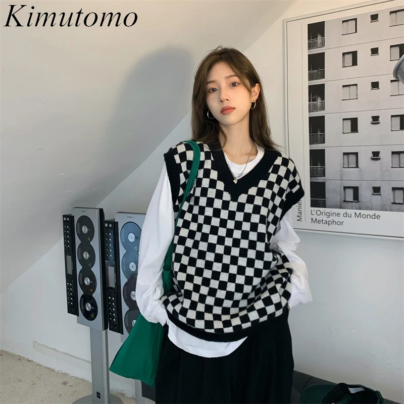 

Kimutomo 2021 Женский Осенний пуловер британская модель женский свободный клетчатый вязаный жилет однотонная нижняя рубашка из двух частей