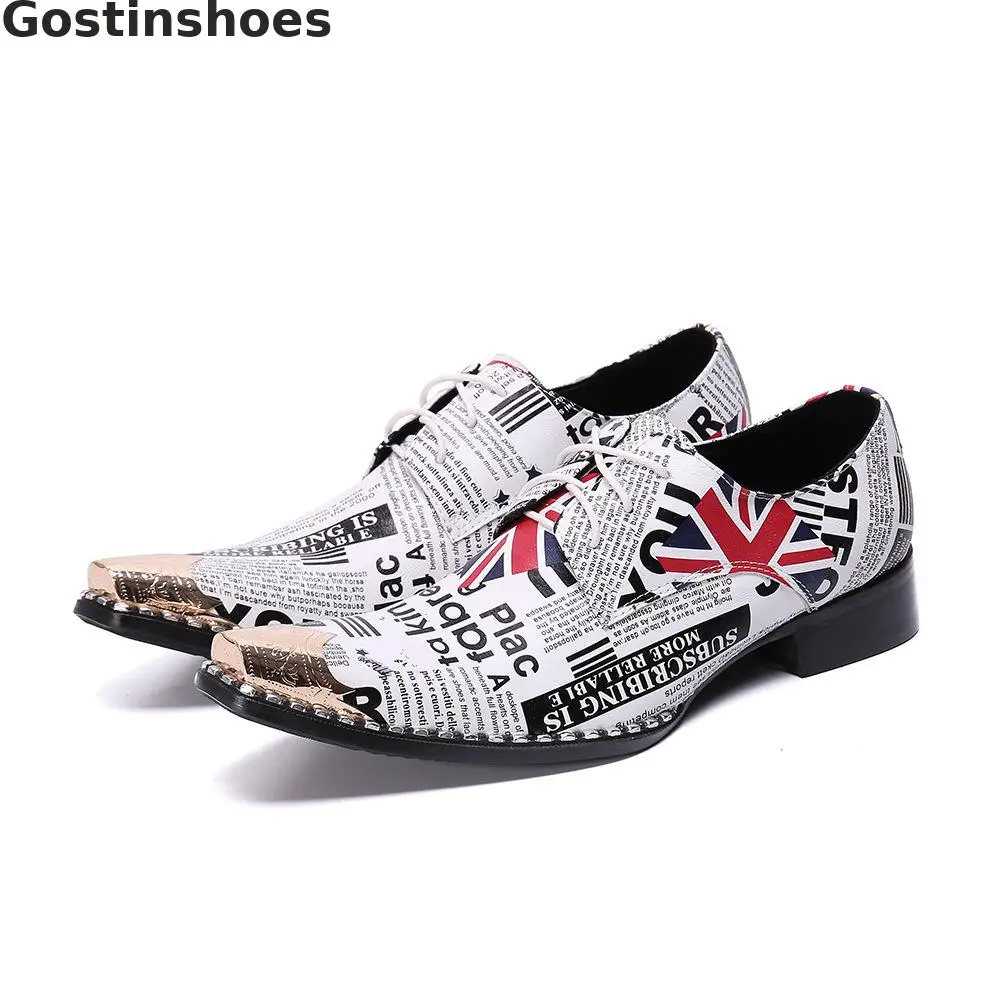 Fashion Men Shoes Genuine Leather Printed Lace-up Derby Metal Capped Toe Pointed Casual Loafers | Обувь