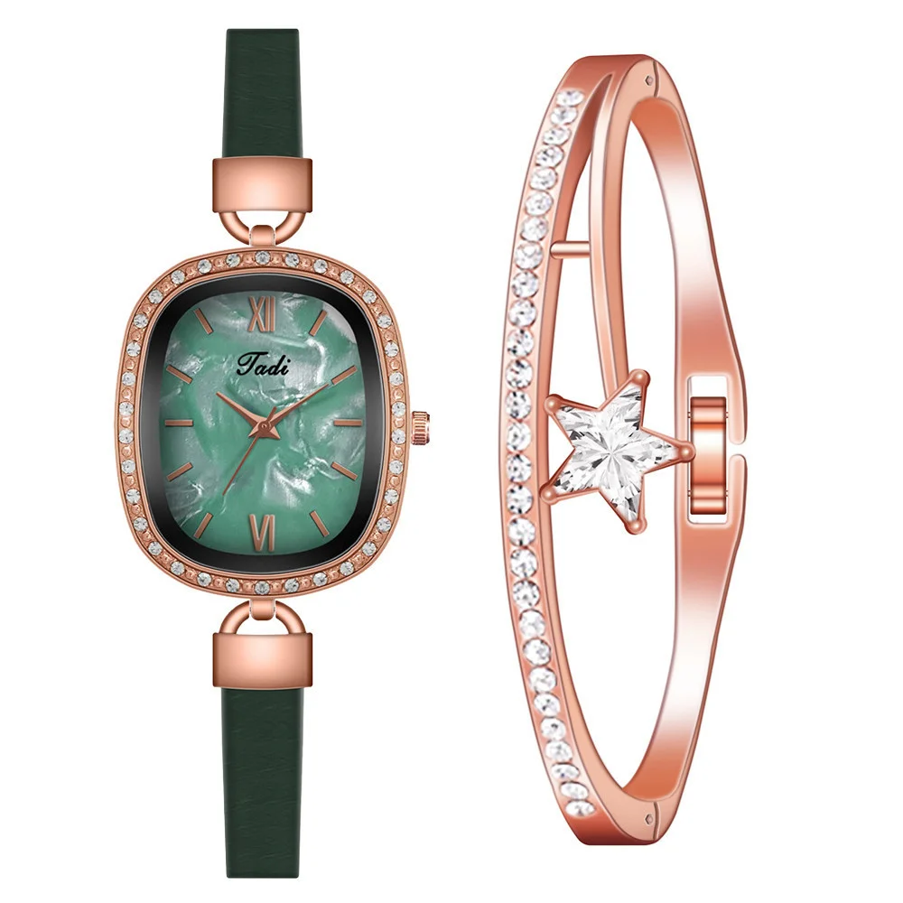 【Watch+Bracelet】Women Oval Pearl Shell Dial Watches Fashion Ladies Leather Rhinestone Quartz Roma Watch Reloj Mujer | Наручные часы