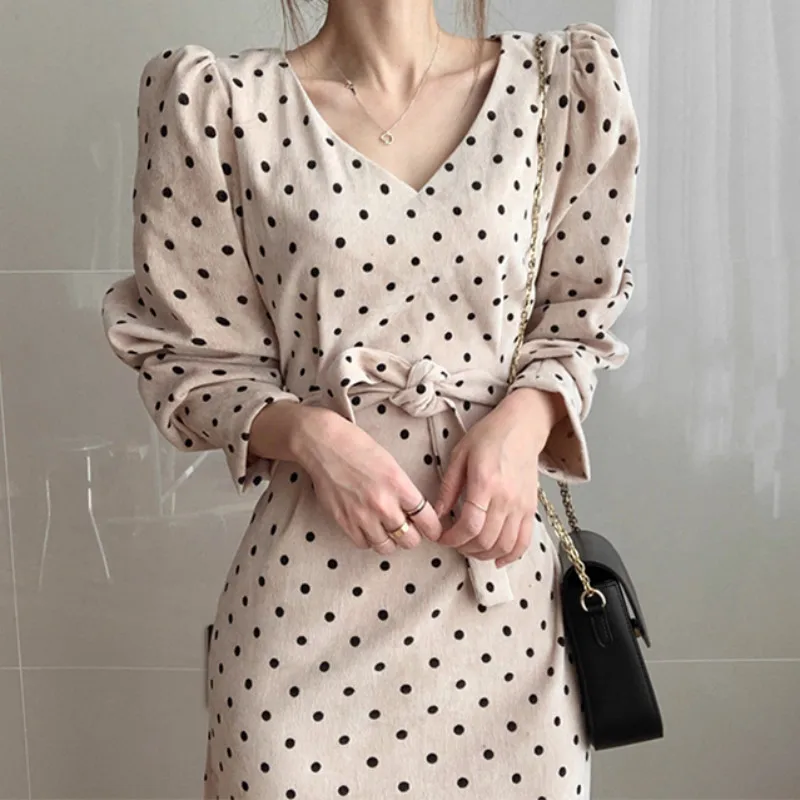 

Autumn Vintage Elegant Polka Dot Women Long Dress Spring Corduroy Puff Long Sleeve Dresses V Neck Slim Lace Up Dress Vestidos