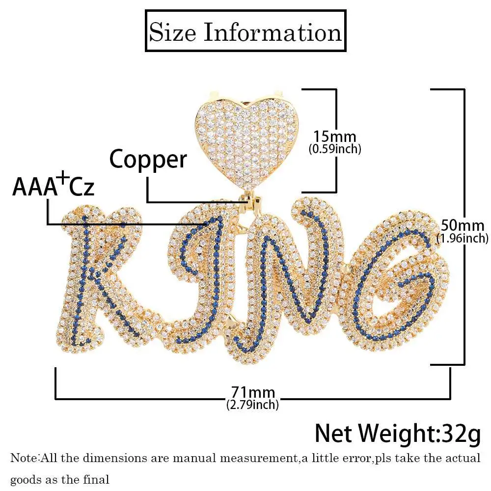 Csutom Cursive Letter With Heart Clasp Iced Out Cuban Chain Name Necklace Chain Cubic Zirconia Fashion Hiphop Jewelry