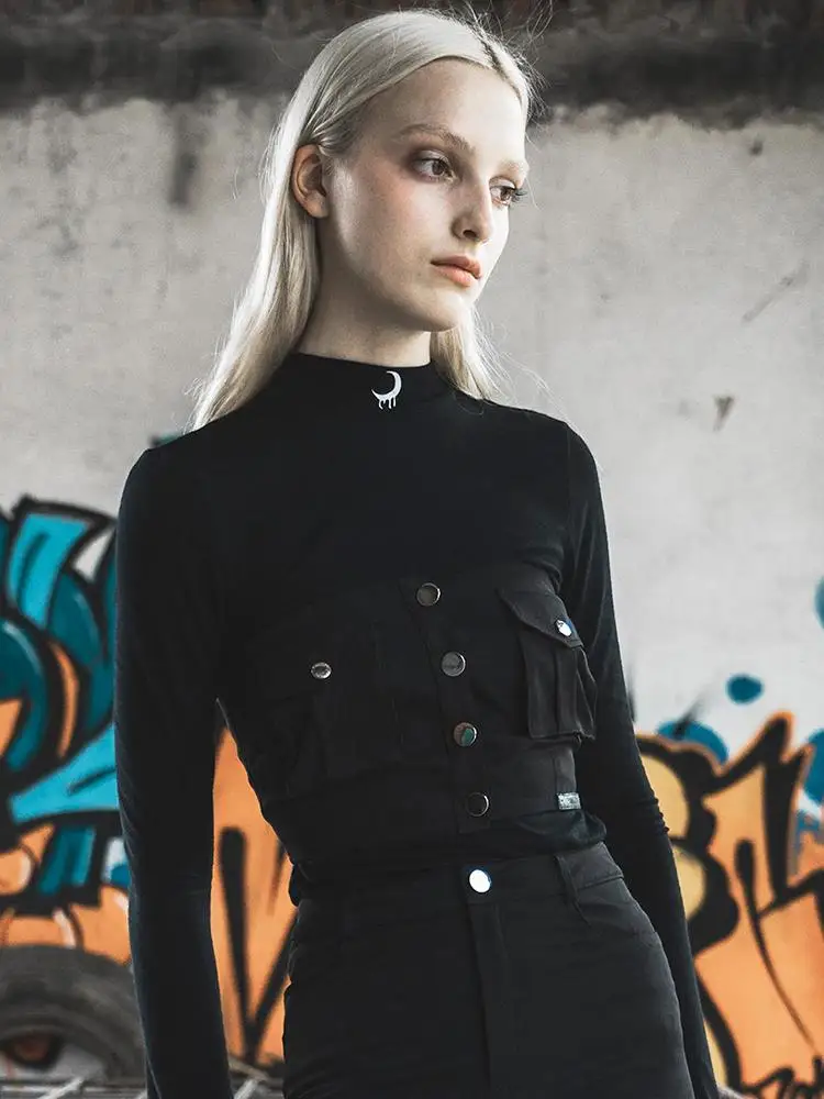 Женский корсет топ черный однобортный в стиле панк для девушек повседневного