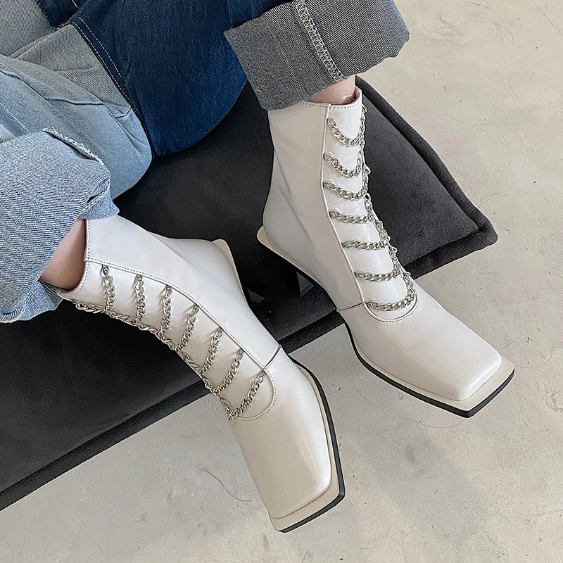 

SKLFGXZY Unique design Genuine leather Ankle boots Women boots Square head Fashion boots Metal chain New winter Women shoes