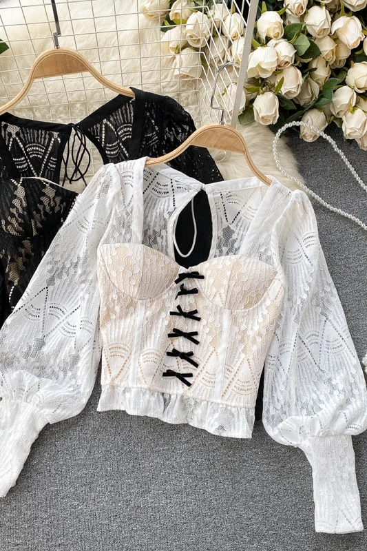 

Summer Shirt And Blouse Tops Womens 2021 Hollow Halter Lace-up Elegant Shirt Vintage Slim Short Puff Sleeve Shirt Top Women