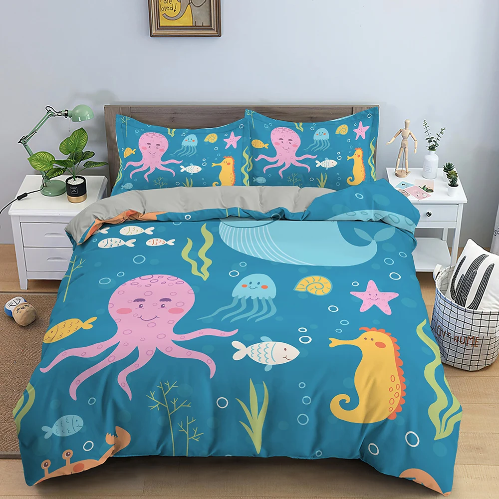 

Sea World Bedding Set Ocean Whale Printed Home Textiles Octopus Cartoons Pattern Duvet Cover Set Luxury King Size Bedclothes