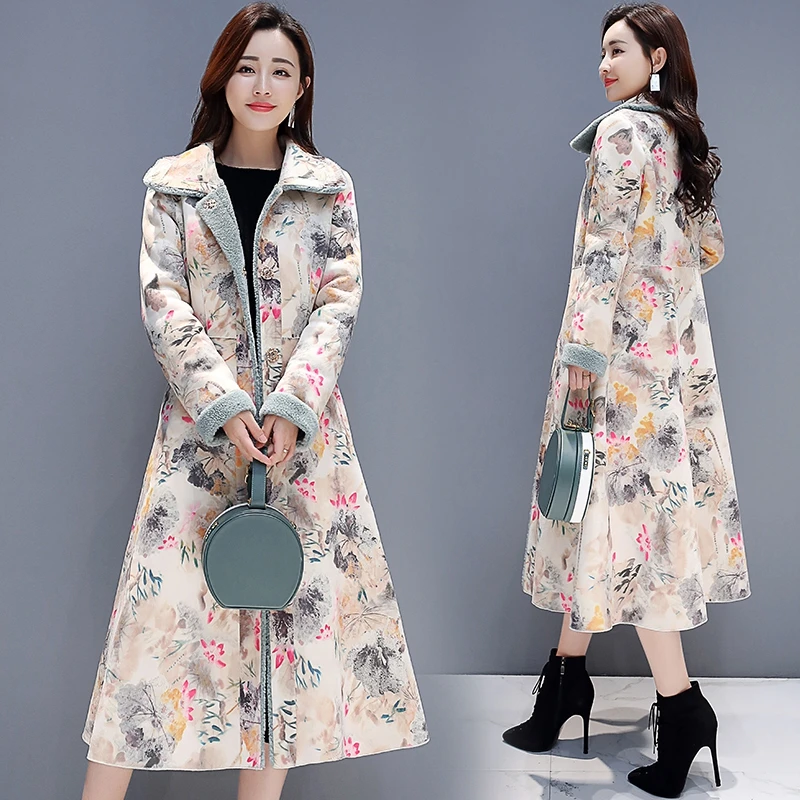 2019 Новая женская зимняя куртка длинное замшевое хлопковое пальто с принтом из