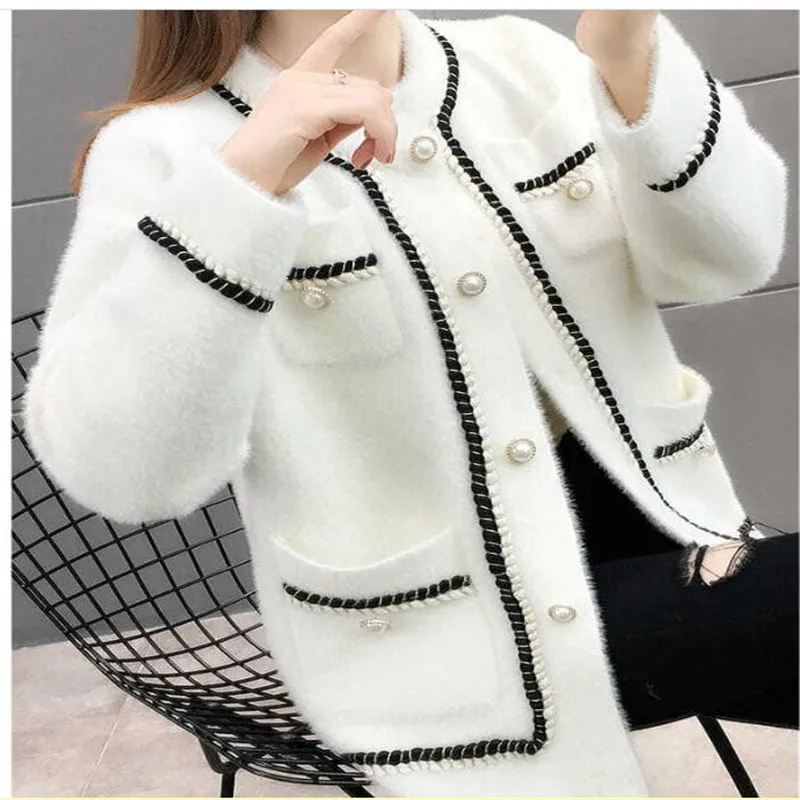 

Cardigan Sweater For Women Autumn Winter Loose Black White Sexy Loose Knited Brand Christmas Button Sueter Block Sweaters Pocket
