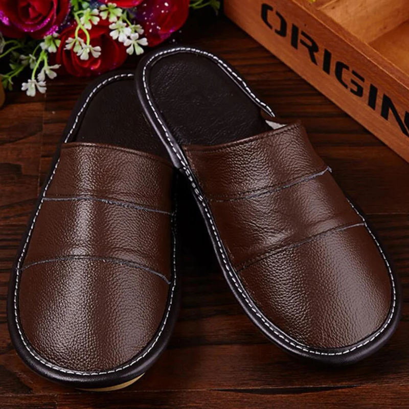 Тапки мужские из натуральной кожи Нескользящие толстые однотонные домашние