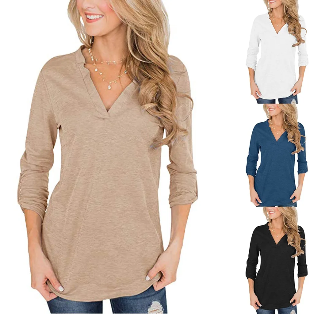 

Vogue Women's Fashion Solid Color Curling Shirt V-neck Pullover Top Autumn And Winter Sexy Shirt Pop Vogue Long Sleeve