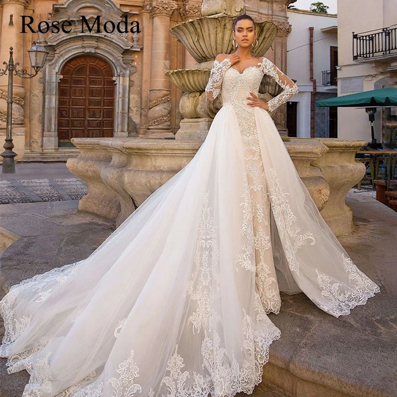 

Rose Moda Luxury Long Sleeves Lace Wedding Dress with Removable Skirt Ivory and Champagne Bridal Gown Custom Make