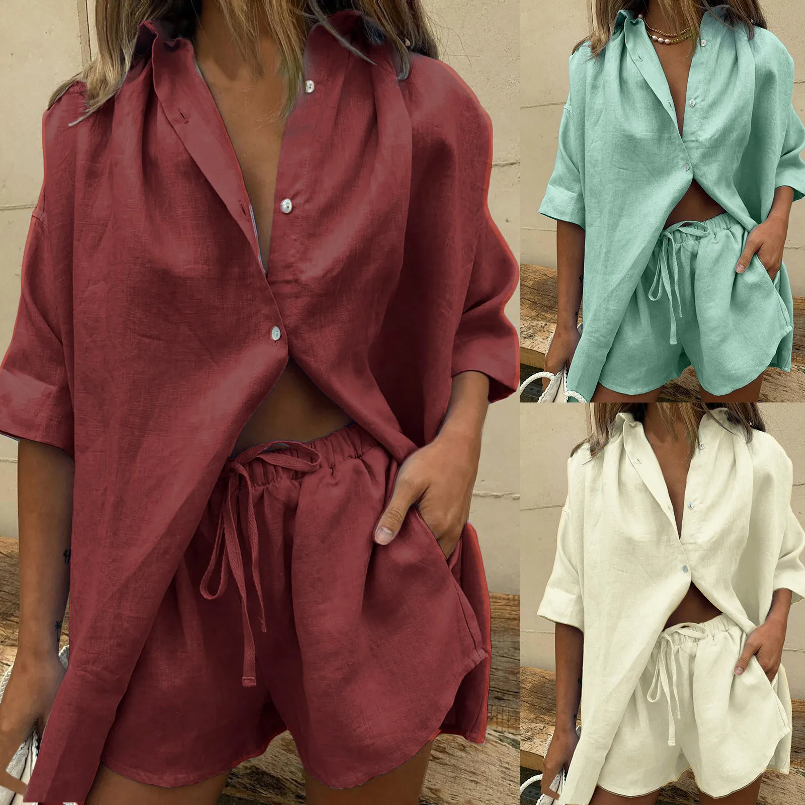 

Casual Womem Lounge Wear Summer Tracksuit Shorts Set Long Sleeve Shirt Tops And Mini Shorts Suit 2021 New Two Piece Set conjunto