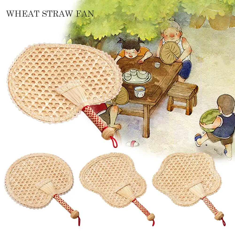 1 Pcs Pure Hand-Woven Wheat Straw Fan Old Man Summer Natural Hand Fan Environmentally Friendly Hand-Woven Fan Decoration Heart