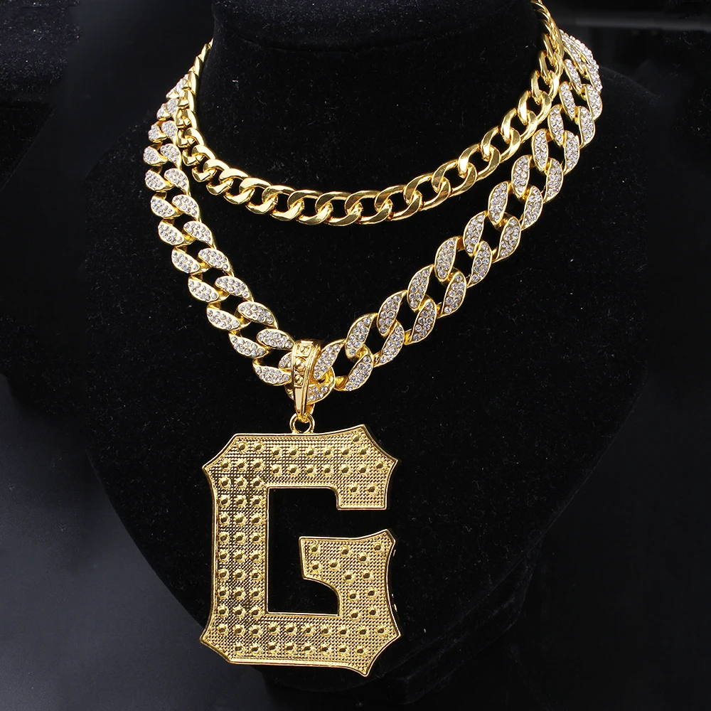 

Men Hip Hop Bling Iced Out Pave Rhinstones CZ 18'' Miami Cuban Chain Letter Pendant Necklace Fashion Cuban Chain Jewelry Set
