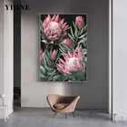 Винтажная Картина на холсте с розовыми цветами и листьями на заказ, настенный плакат с зелеными растениями, печатная картина для гостиной, спальни, домашний декор