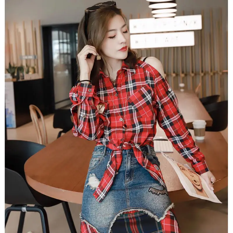 

European Station 2021 Spring Women's Clothes New Shirt Fashionable Stylish Versatile Lattice Stitching Denim Skirt Two-Piece Set
