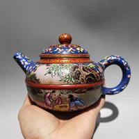 7chinese yixing zisha pottery hand carved outline in gold enamel pot childlike kettle red mud teapot pot tea maker office