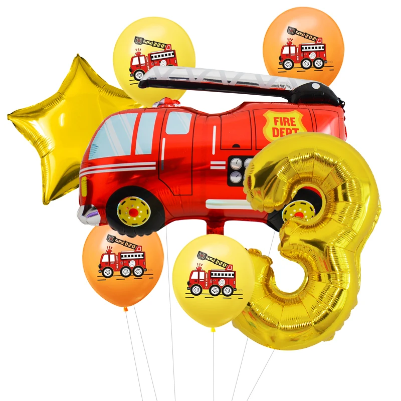 

7pcs/lot Helium Foil Globos Fire Truck Balloons Birthday Party Decorations Kids Boy Digit Number Ball Party Supplies