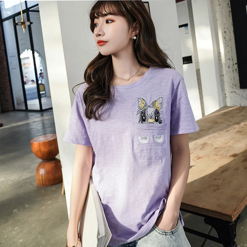 

Summer Femme T-shirts Embroidery Kawaii Rabbit Pokemon Tshirt O Neck Cotton Korean Stlye T Shirt Tops Women 2020 Vetement Femme