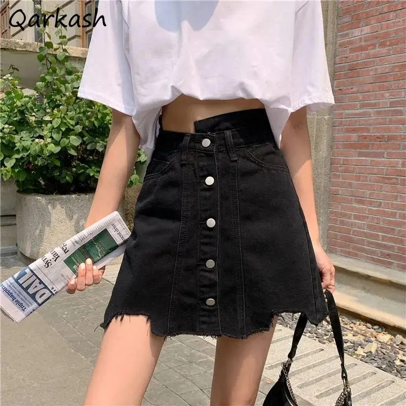

Skirts Women Denim Solid Black Cool Girls Summer High Street Buttons Leisure Fashionable Design Asymmetrical Empire Sexy Ladies