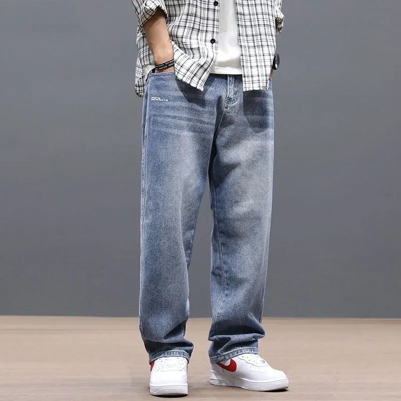 

Fashion Streetwear Men Jeans Loose Fit Retro Blue Vintage Jeans Straight Denim Pants Homme Korean Hip Hop Wide Leg Long Trousers