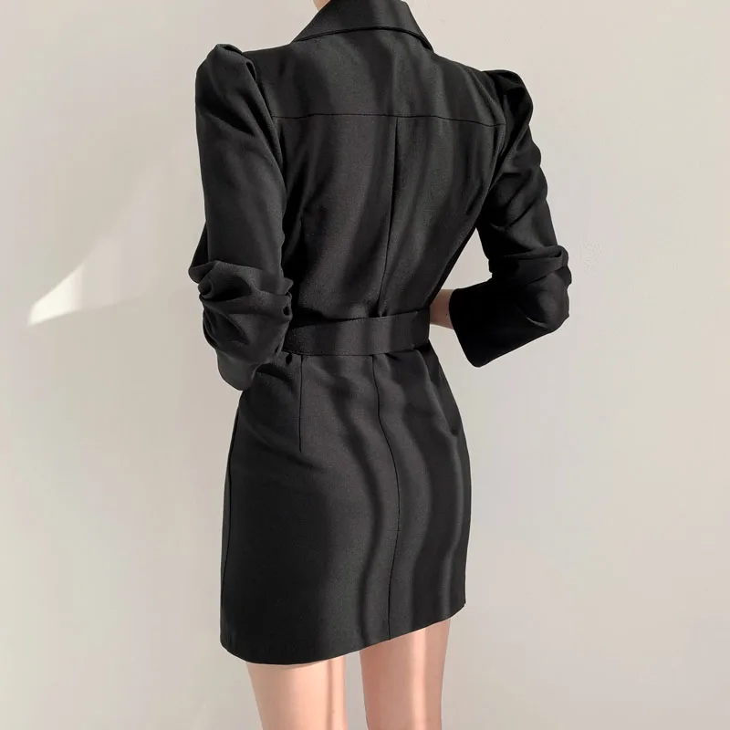 

One-Piece Elegant Straight-Breasted Suit Dress Women Korean Full Sleeve Slim Woman Mini Dress Vintage Lapel Pink Dress With Belt