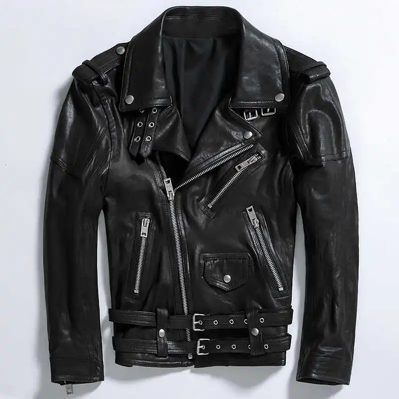 

2021 Fashion Genuine Leather Jacket Men Sheepskin Short Slim Fit Retro Vintage Turan-Down Collar Motorcycle Leather Coat
