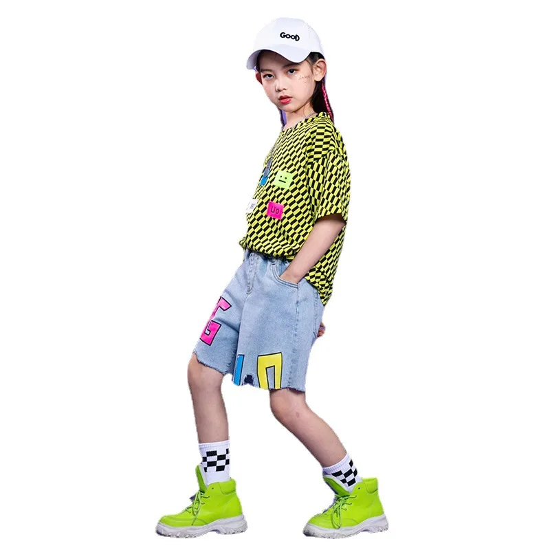 

Kid Hip Hop Clothing Graphic Tee Oversized T Shirt Top Streetwear Summer Shorts Jeans for Girls Jazz Dance Costume Set Clothes