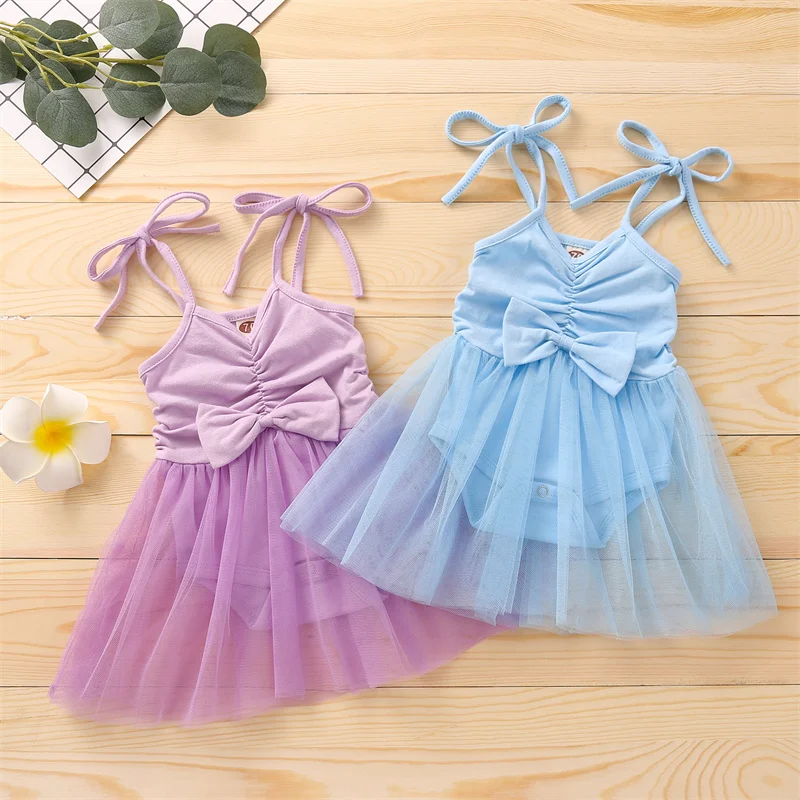 

2021 New Arrival Baby Girl Summer Party Dress with Bow Decoration Toddler Kids Mesh Stitching Princess Dress Infant Romper Dress