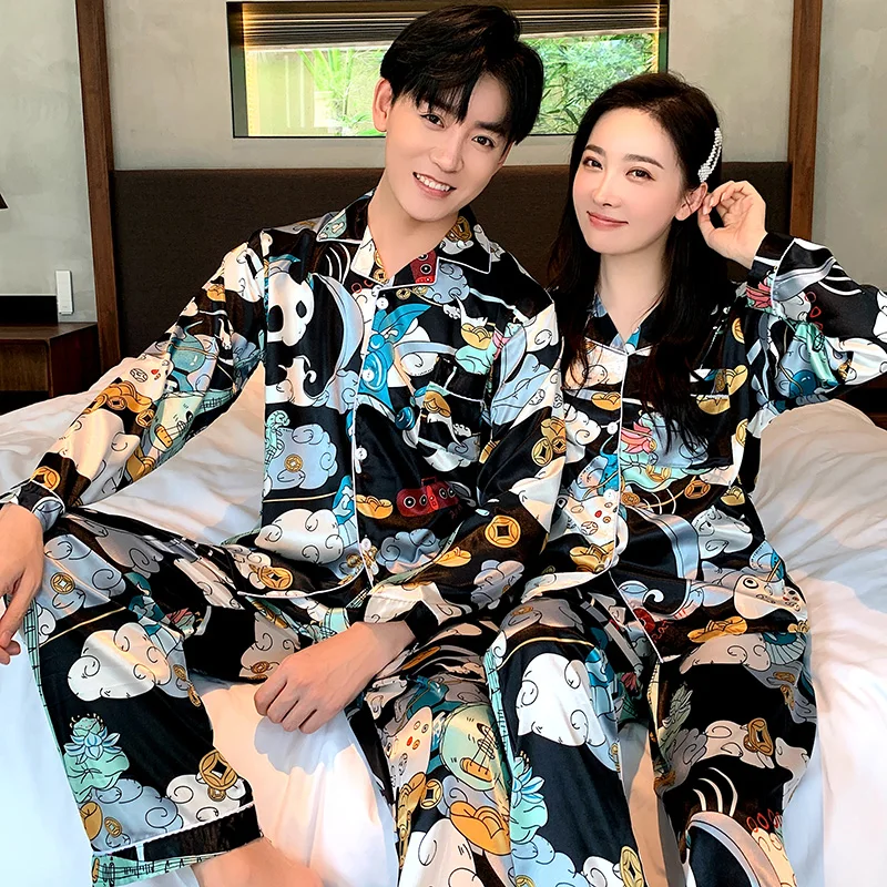 Новая пара ночное белье шелк сатин пижамный комплект с длинным рукавом и