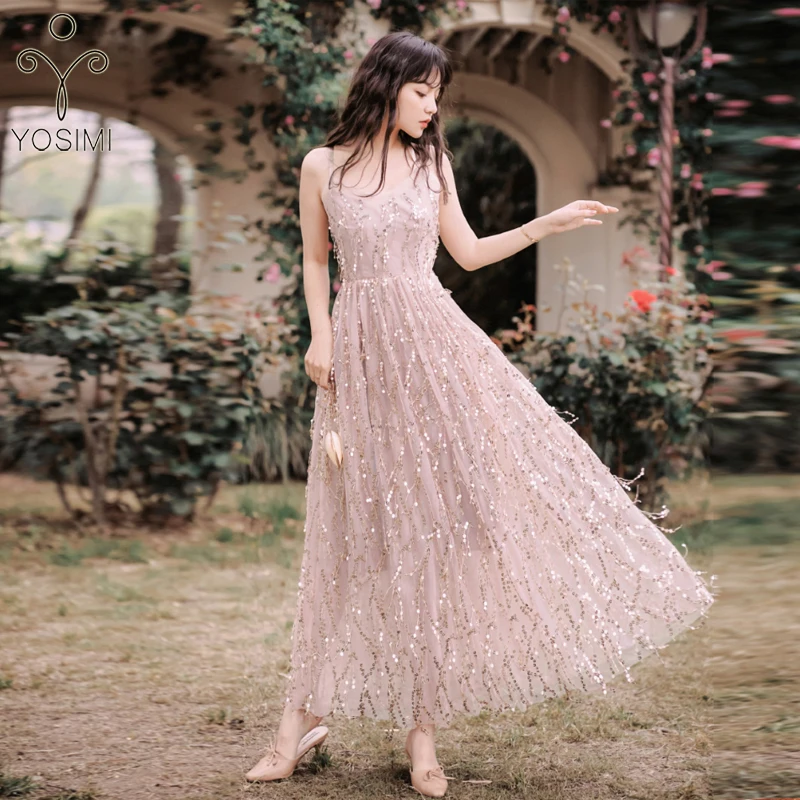 YOSIMI Maxi Chiffon Red Long Women Dress Bohemian V-neck Lantern Sleeve Full Sleeve Ankle-lenght Female Dress with Sashes