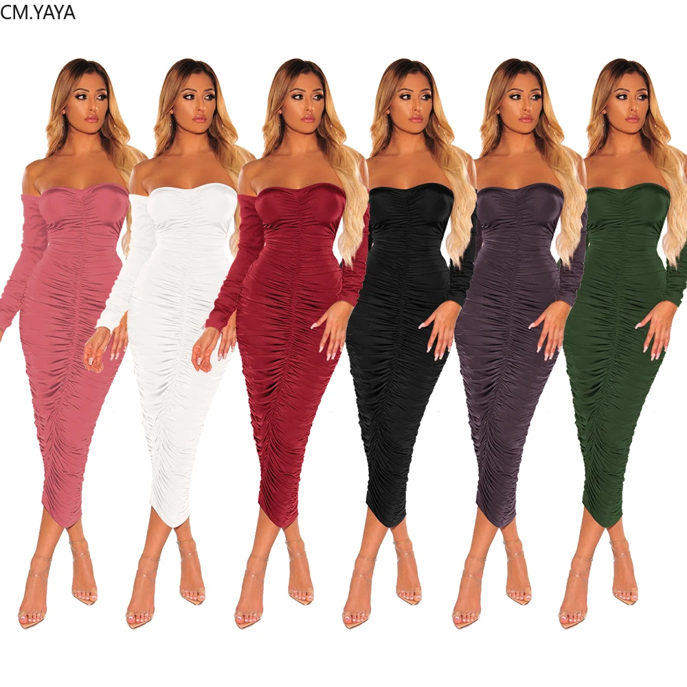 Женское платье миди с длинным рукавом без бретелек открытыми плечами|Женские