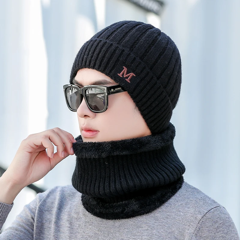 

New Fashion Knitted Hat Men's Autumn Winter Plush Thickened Warm Wool Cover Head Cap Scarf Youth Trendy Cotton Ear Protection