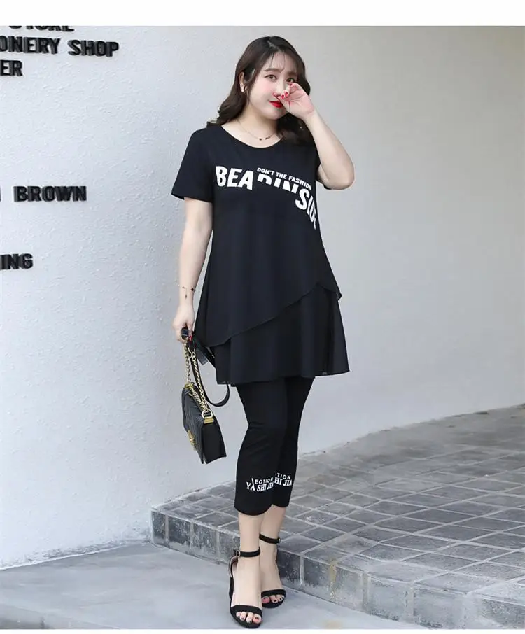 

2 piece set women summer suit 7xl 8xl plus size set clothes letter t-shirt tops and pants set chiffon patchwork Korean outfits