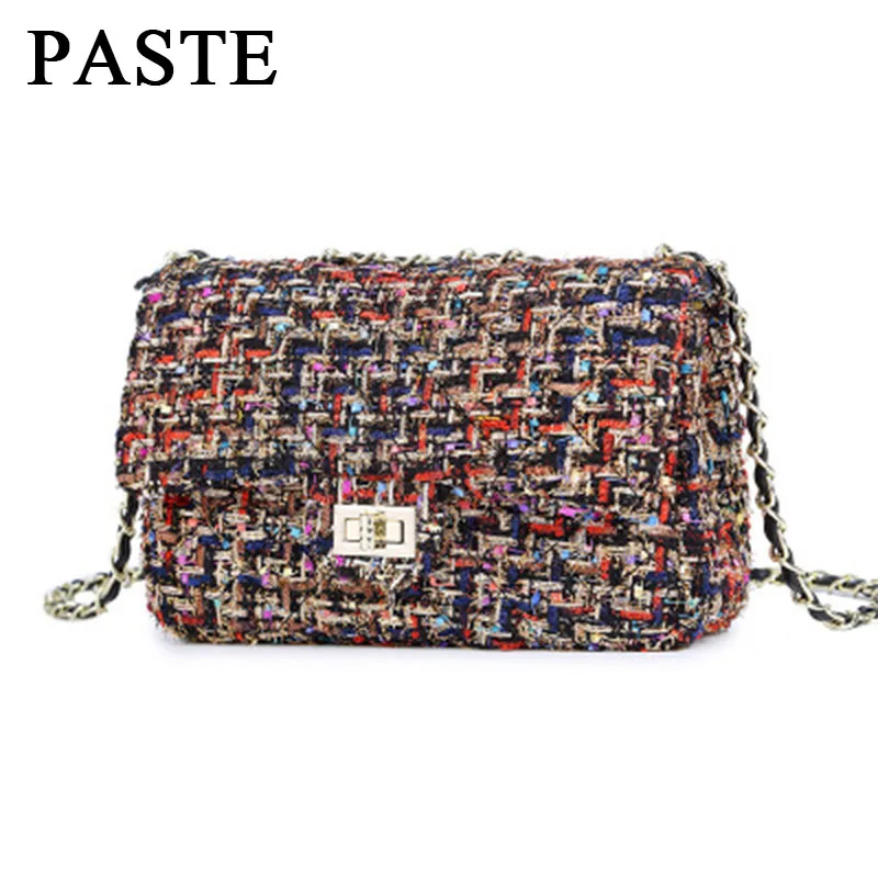 Клетчатая фетровая женская сумка с перекрестными цепочками небольшой