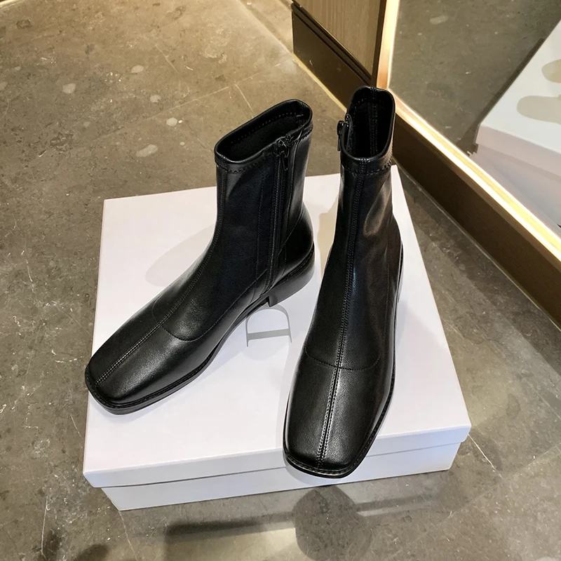 

Retro Ankle Bots Chunky Med Heels Shoes Woman Heels Fashion Genuine Leather Female Heels Party Motorcycle Boots