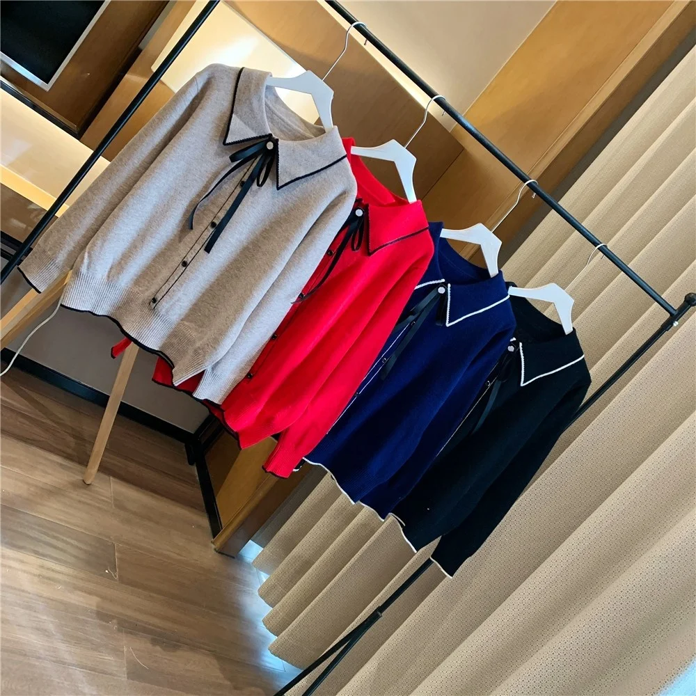 

Juice Snow 2020 Autumn And Winter New Bow Bottoming Shirt Tops Temperament Slim Lapel Sweater Women