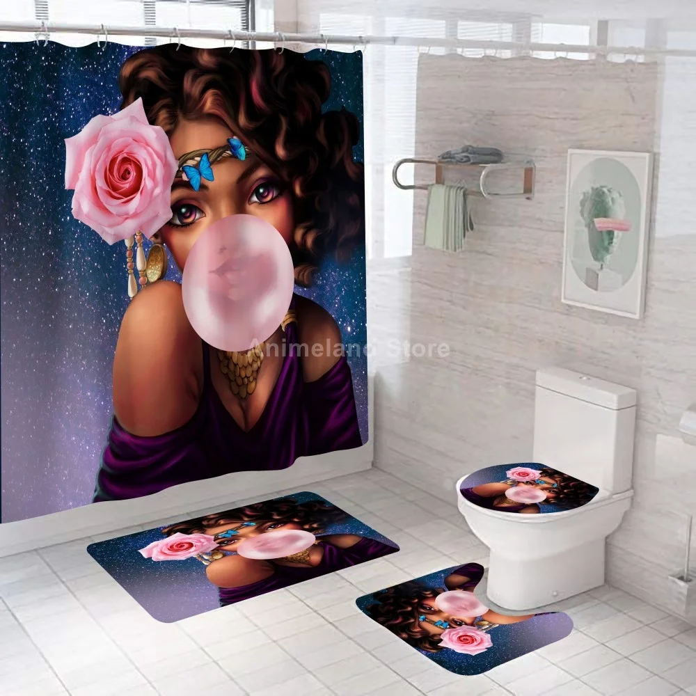 

Painting African Woman Shower Curtains Girls Bathroom Curtain Bath Set Toilet Cover Mat Non-Slip Washroom Rug Set Beauty Fashion
