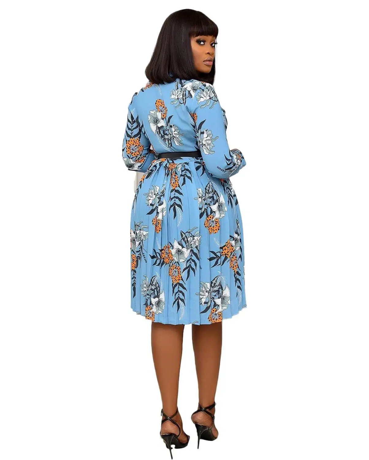 

Floral Printing Women Graceful Pleated Dress Autumn Winter Plus Size S-3XL Lady's Bowknot Neck High Waist Knee-Length Dresses